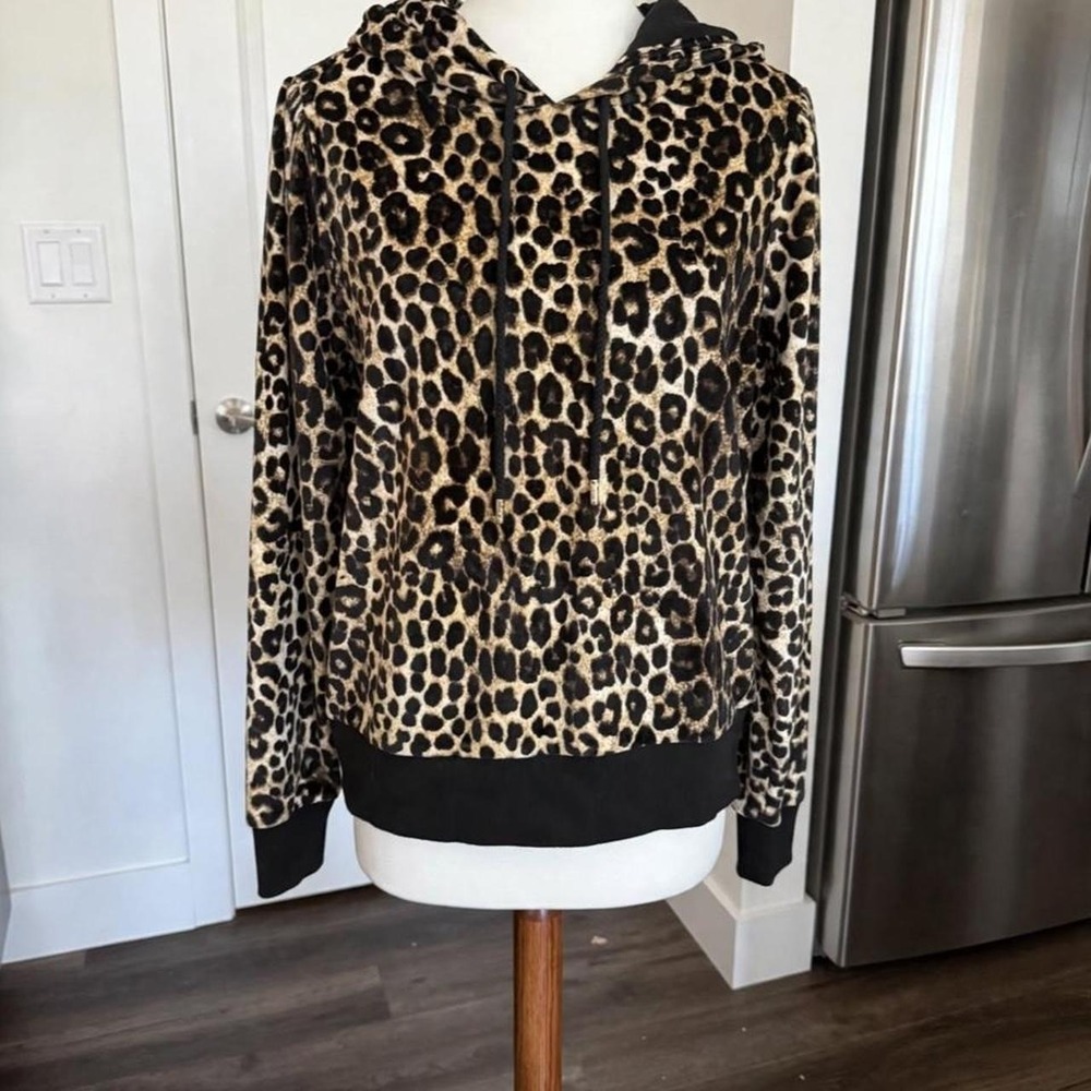 Michael Michael Kors Leopard Print Velour Hoodie Brown Black Gold MK M - Picture 2 of 8